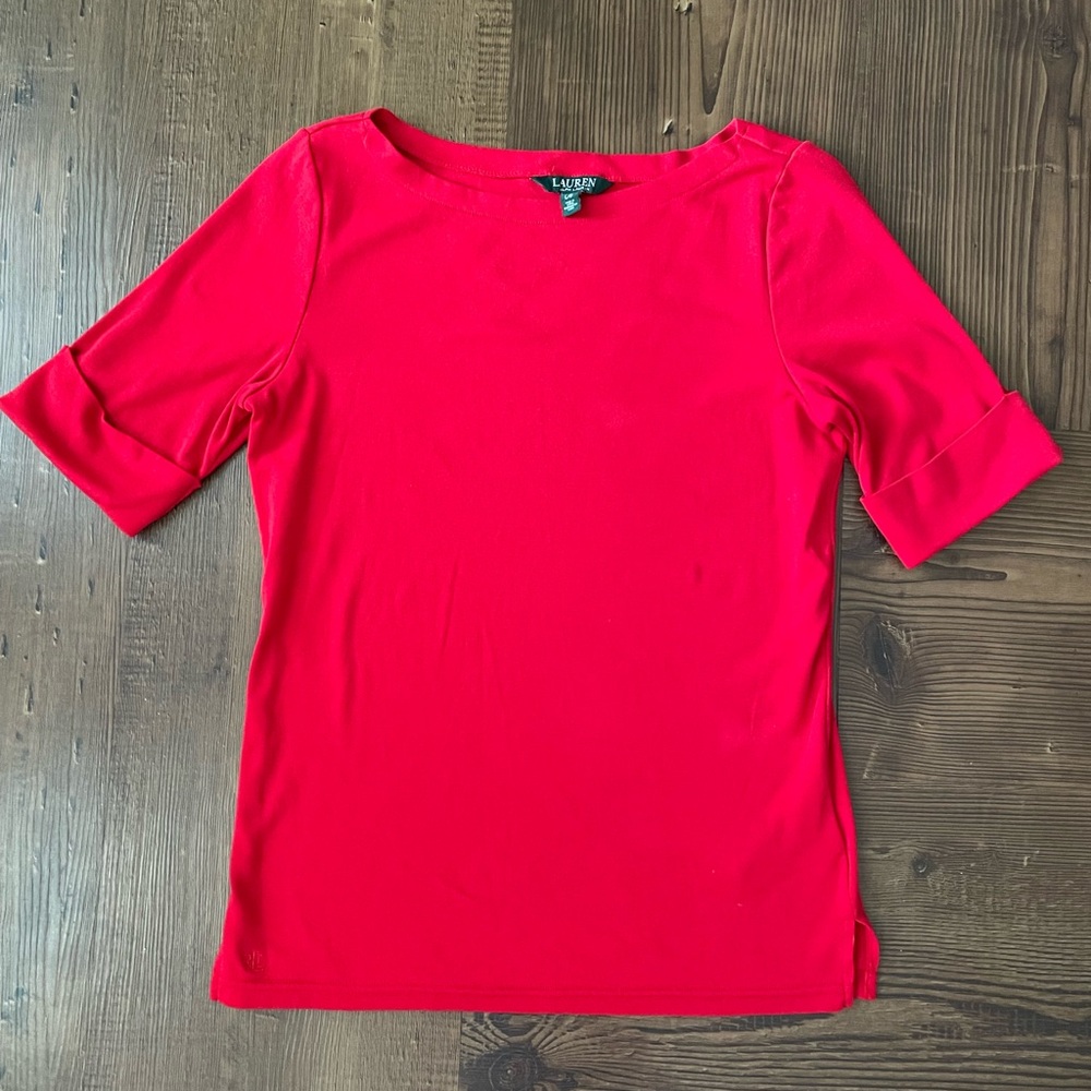 Lauren Ralph Lauren Red Fitted 3/4 Sleeve T-Shirt